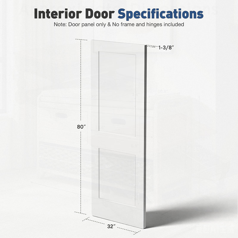 Dalle de porte intérieure en bois apprêté à 2 panneaux Shaker, prête à être personnalisée et facile à installer, parfaite pour la rénovation
