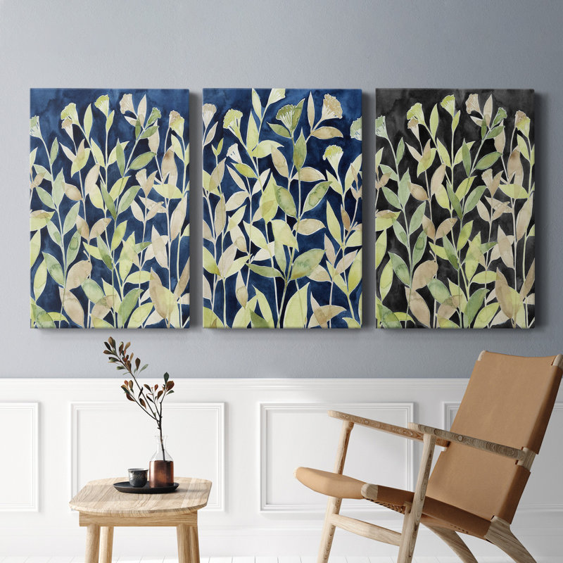 Indigo Blooming Night I, toile tendue avec châssis de qualité supérieure - prête à être accrochée, H 48 po x l 96 po x P 1 po