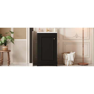 Meuble-lavabo contemporain noir de 20,1 po avec lavabo intégré, rangement à une porte, charnières à fermeture en douceur, tablette réglable, meuble-lavabo autoportant en pin massif et planches 20 po