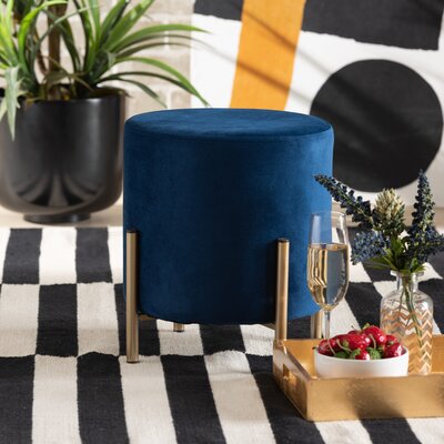 Earmie Contemporary Glam And Luxe Navy Blue Velvet Fabric Upholstered And Gold Finished Metal Ottoman -  Everly Quinn, 011CFD9F57044680A6B8775A62400F8F