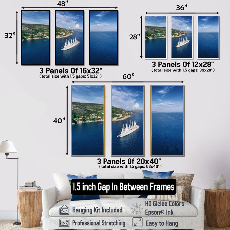 Bateau de croisière avec voiles en croatie - ensemble d'art mural bateau, Cadre flottant doré, H 32 po x l 48 po x P 1 po