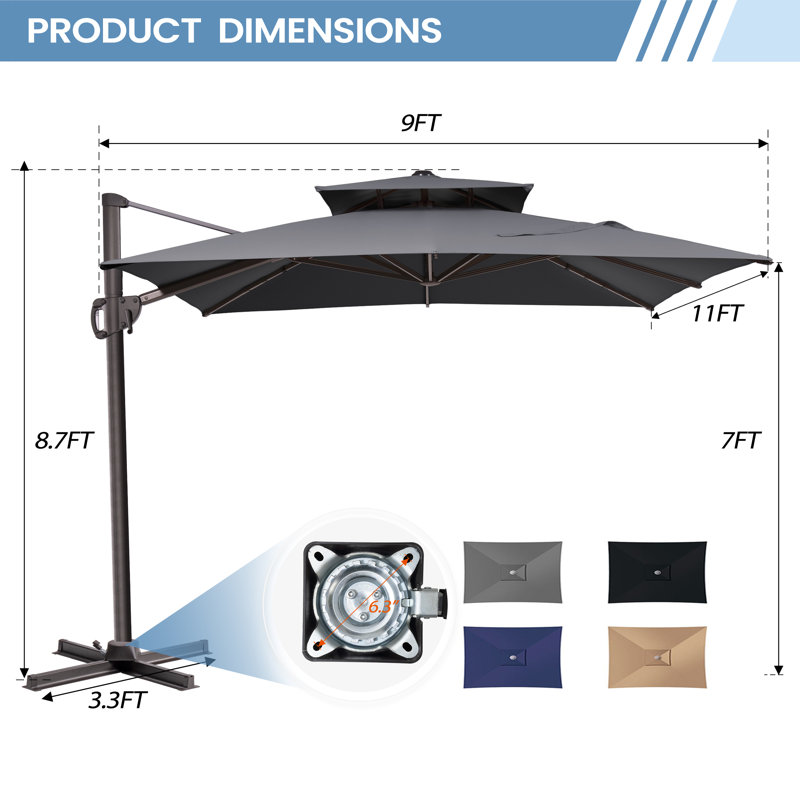 Herrell 11' x 9' Rectangular Cantilever Umbrella without Weighted Base, Dark Gray