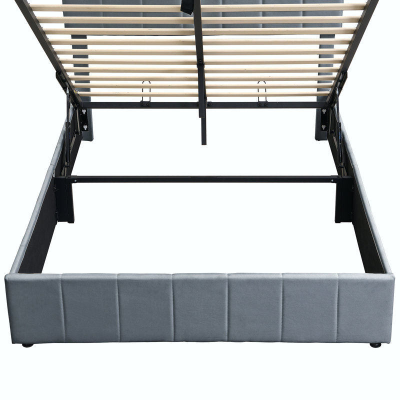 Lit plateforme tapissier double avec système de rangement hydraulique, Gris