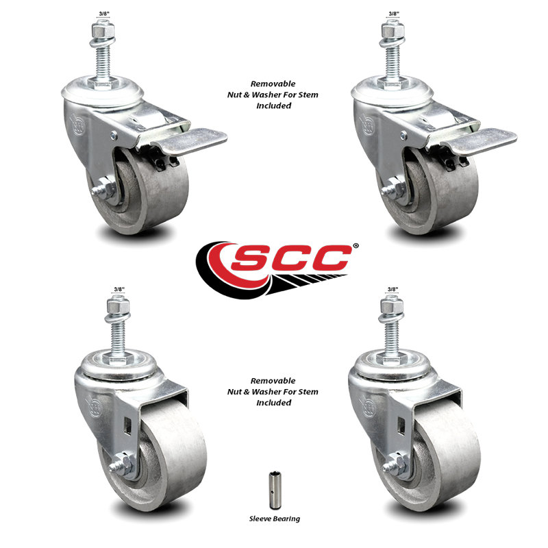TS Caster Set 4 -3" Wheel&3/8" Stems-2 w/TTL BRK