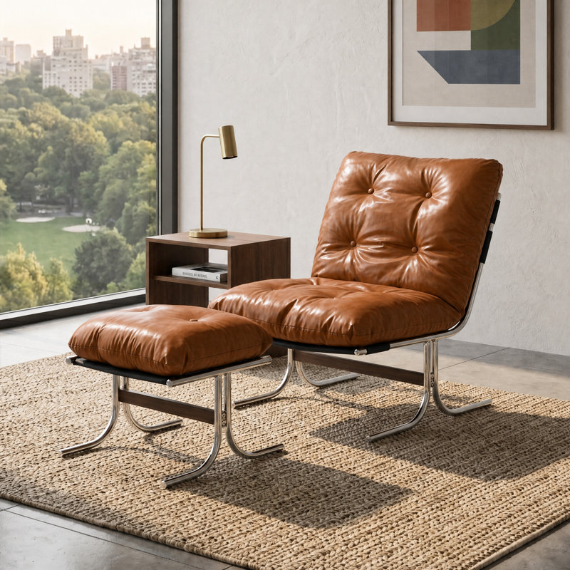 Méridienne Mid-Century moderne en cuir d'inspiration Bauhaus avec pieds en repose-pieds chromés, Brun