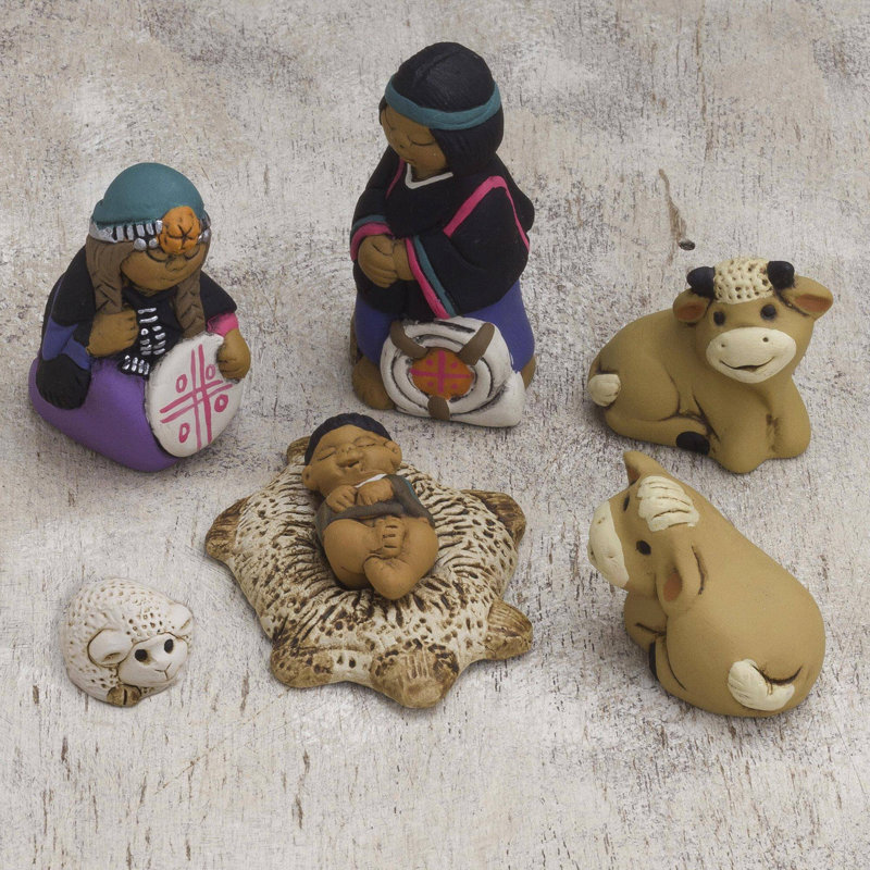 Ensemble de crèche 7 pièces en céramique famille mapuche