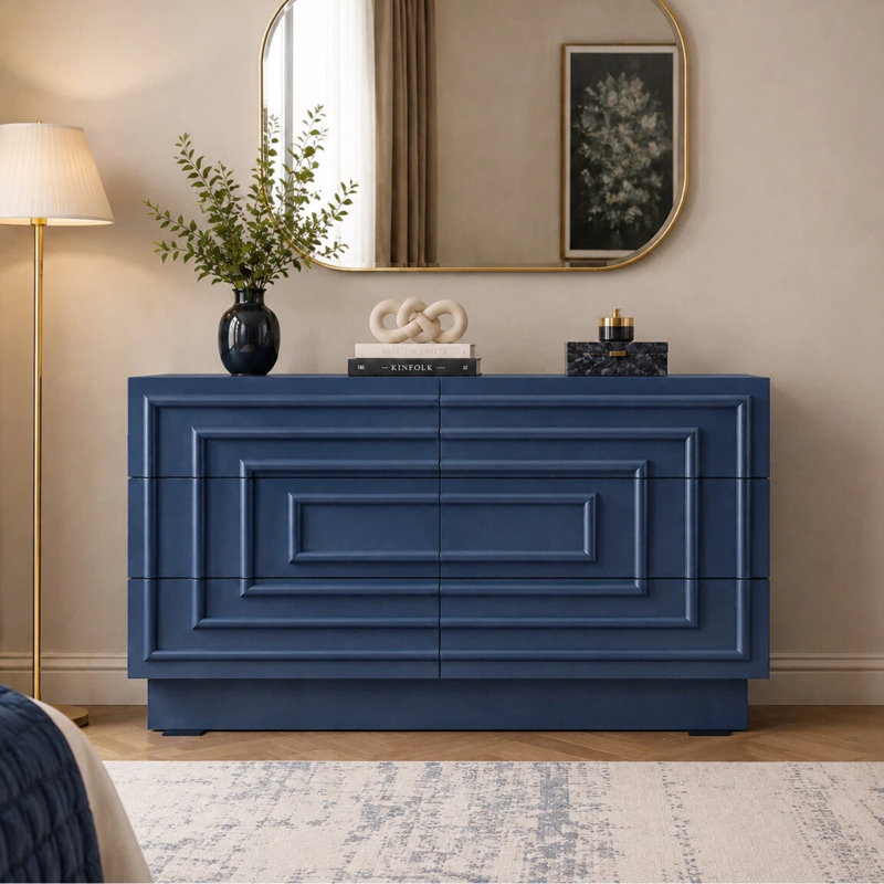 Buffet/meuble-lit à 6 tiroirs de 145 cm (57,2 po) pour chambre à coucher ou salon, Bleu haute mer