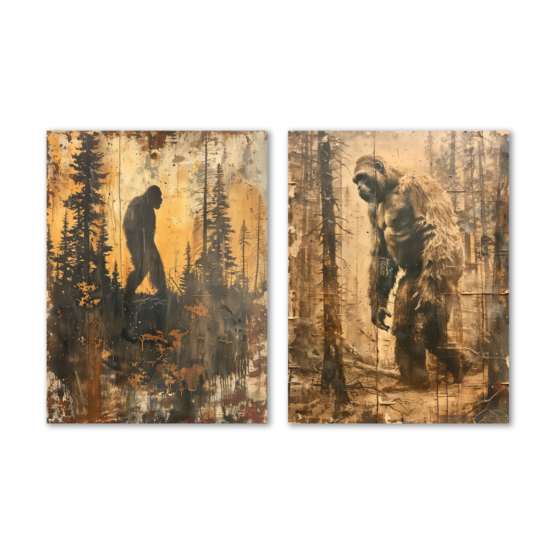 Brown Green Mysterious Bigfoot Migration I – Scenic Large Metal Wall Decor Print Set of 2, 32" H x 48" W