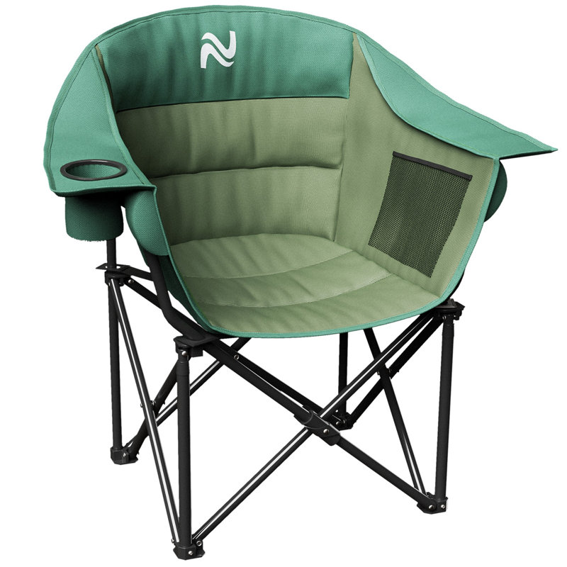 Oversized Padded Folding Camping Chair With Armrests - Heavy Duty Moon Chair For Outdoor/Indoor, Green
