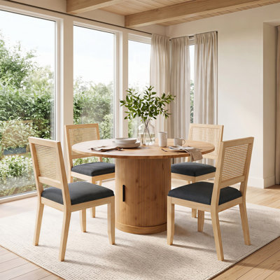 Organic Modern Extendable Dining Table Set with Storage, Solid Wood Cane Chairs