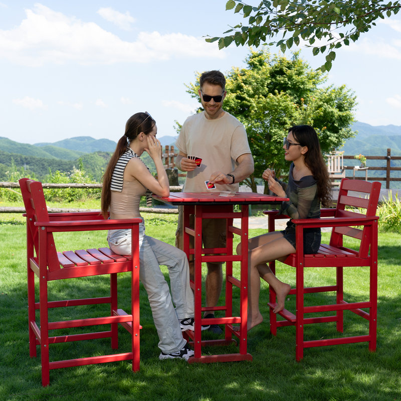 All-Weather HDPE Outdoor Bar Table – 42" Tall Square Patio Pub Table with Footrest, Weather-Resistant Faux Wood Grain Finish, Indoor/Outdoor Use – Red