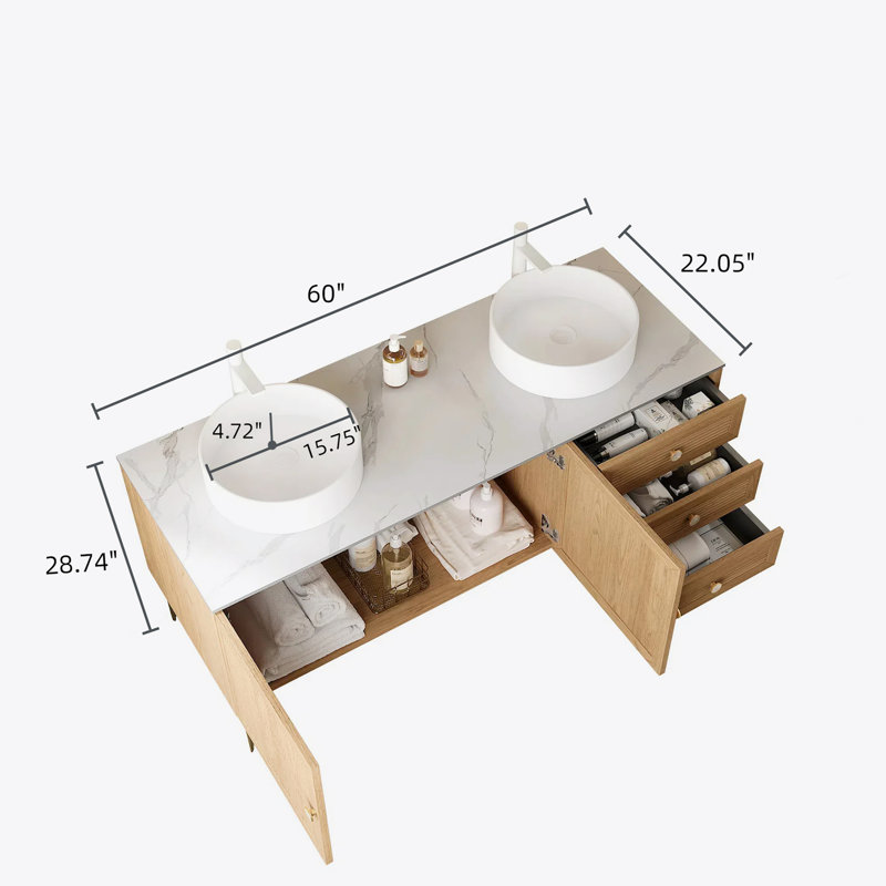 Meuble-lavabo de 60 po avec 2 lavabos, armoire de rangement autoportante en contreplaqué avec 5 pieds en métal, 3 tiroirs à fermeture douce et 2 portes, lavabo en céramique blanc sans robinet, pré-assemblé, chêne