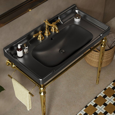 36" Bathroom Console Sink, Wall-Mounted Ceramic Vanity Basin with 3 Pre-drilled Faucet Holes, Merriwood Stainless Steel Support Legs with Towel Bar, No Faucet