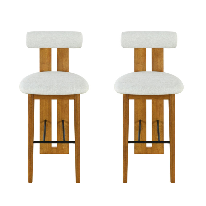 Ensemble de 2 tabourets de bar rembourrés en bois d'intérieur, finition noyer et tissu ivoire, parfaits pour les cuisines de campagne modernes