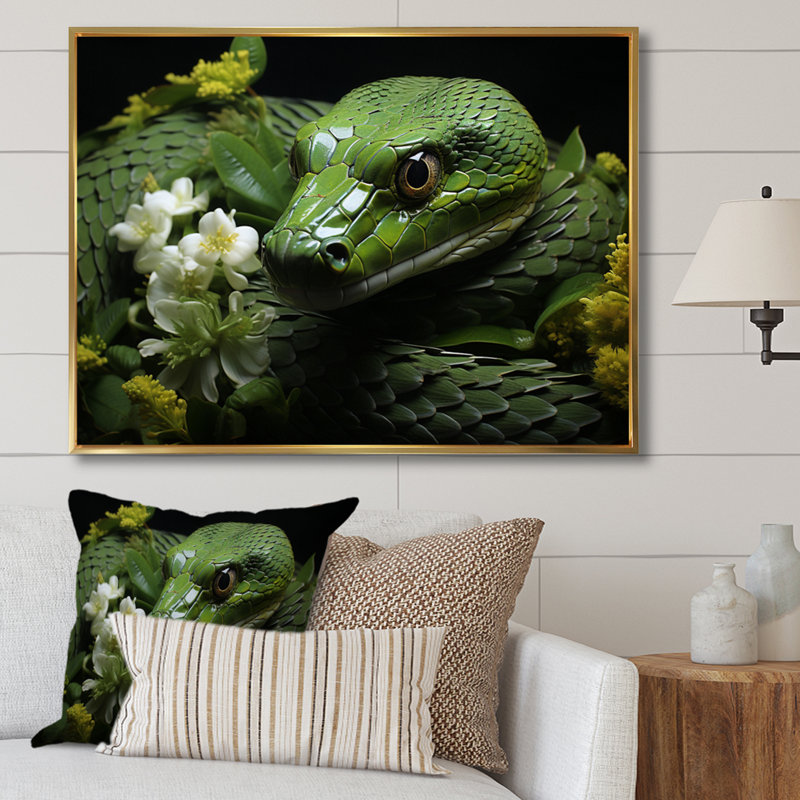 «Snake Serpentine Whispers», reproduction d'art sur toile, H 16 po x l 32 po x P 1 po, Cadre flottant doré