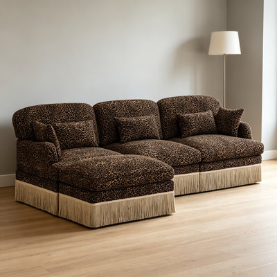 Canapé modulaire en forme de L de 100 po à imprimé léopard - Canapé modulaire en chenille avec repose-pieds mobile, assise profonde, garniture à pampille, assemblage facile