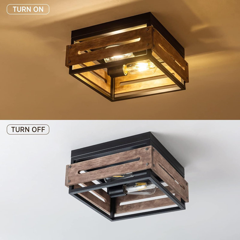 2-Light Flush Mount Ceiling Light Fixture Rustic Ceiling Light With Metal And Wood Farmhouse Light Fixture