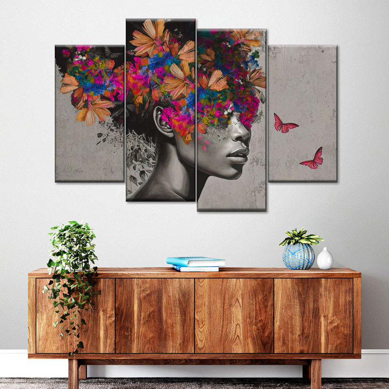 Portrait d'une femme flottant sur une toile de fond afro 4 pièces, H 48 po x l 75 po 