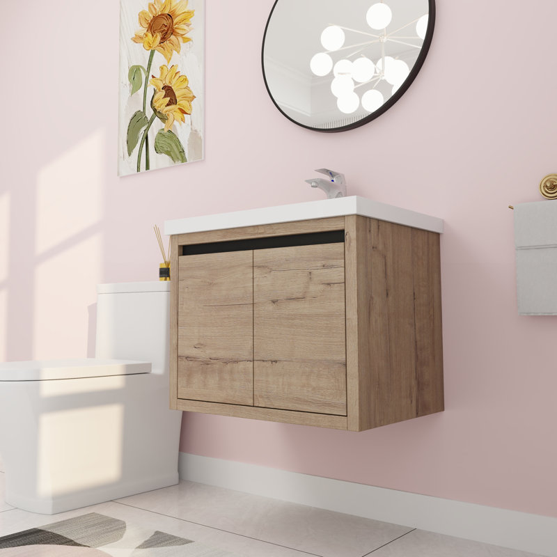 Meuble-lavabo mural simple 23,66 po avec plateau en résine Rabbie, Brun clair