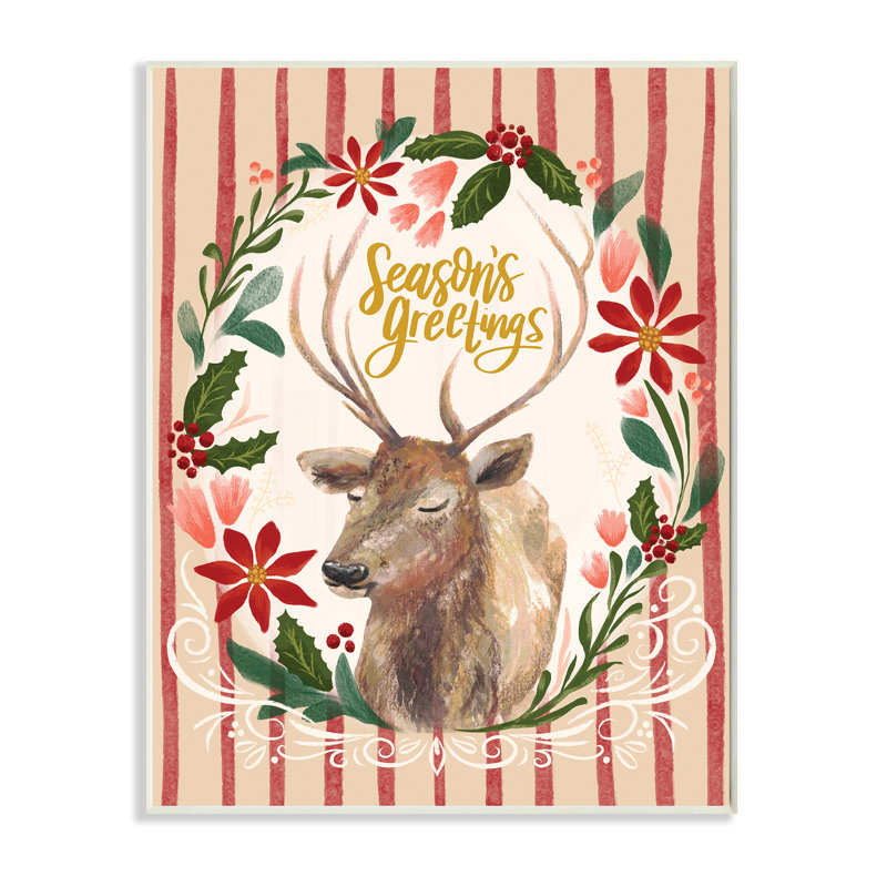 Portrait de rennes doux avec couronne de fêtes Seasons Greetings, Bois, H 15 po x l 10 po