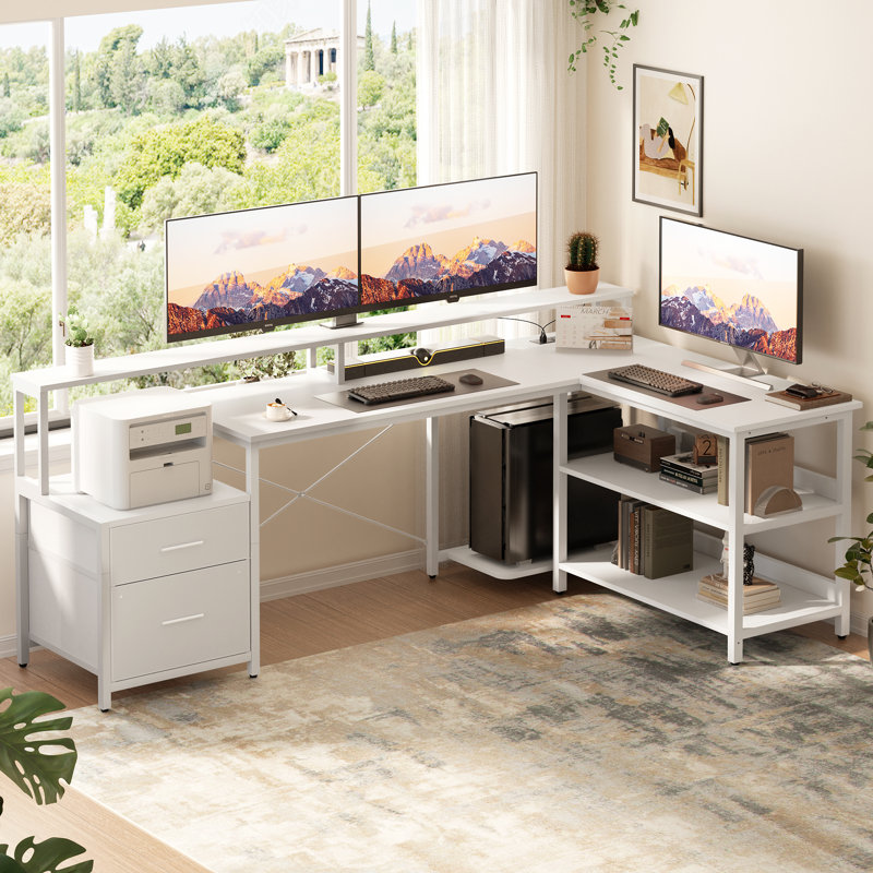 Kaedence L-Shaped Iron Writing Desk with Built-In Electrical Outlet, White/White, 30" H x 72" W x 11" D
