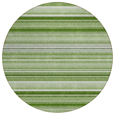 8' X 8' Artichoke Green Round Striped Washable Indoor Outdoor Area Rug