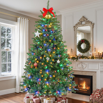 Arbre de Noël artificiel pré-éclairé avec lumières DEL changeantes de couleur - vert Noël, assemblage facile, branches articulées et support en métal robuste