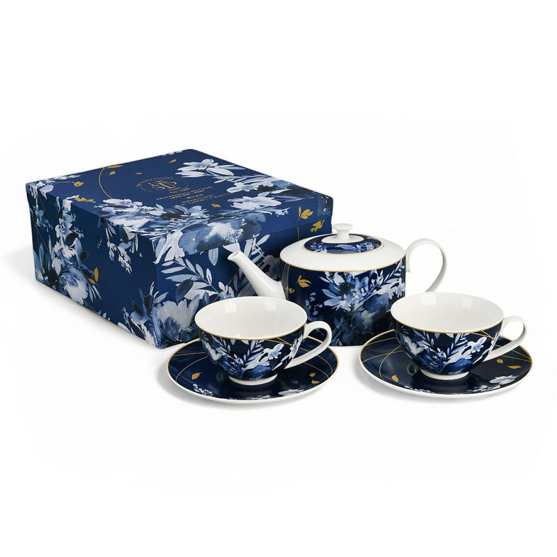 Day and Night Ceramic Set of Teapot and 2 teacups with saucers