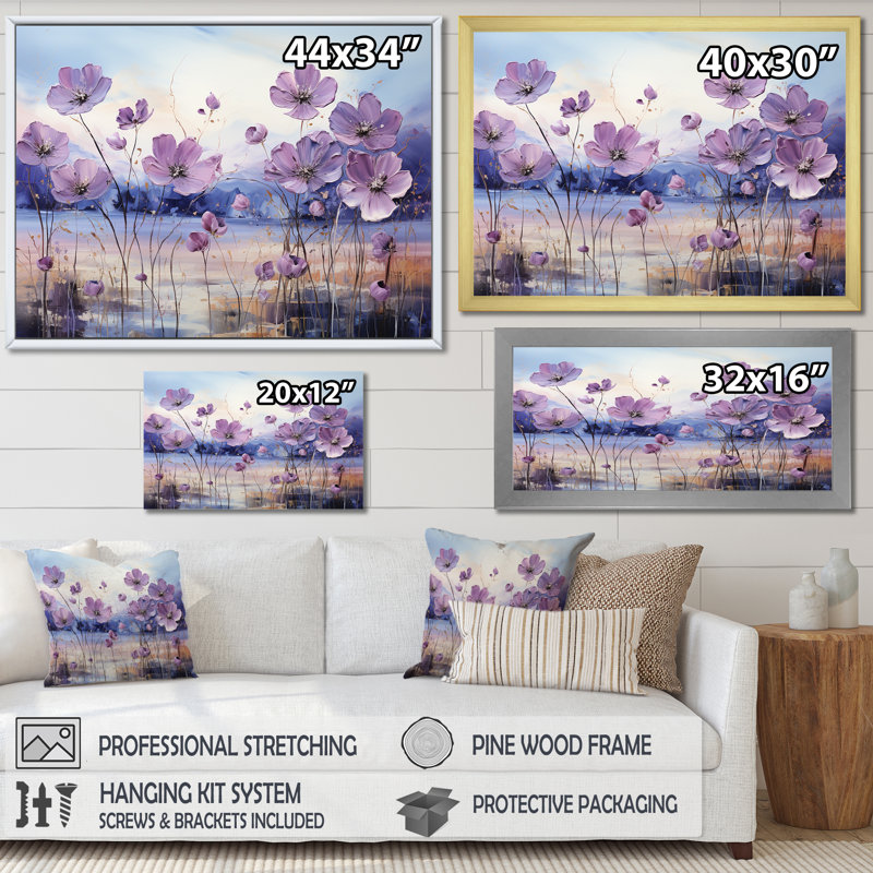 «Violet Flower Meadow Harmony III», art mural grand champ de fleurs, 34" H x 44" W, Cadre flottant noir