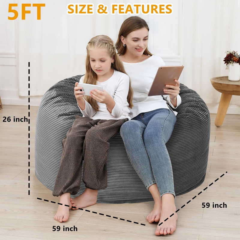 Housse de fauteuil à billes lavable pour fauteuil rond, Velours côtelé gris, H 26 po x l 59 po x P 59 po