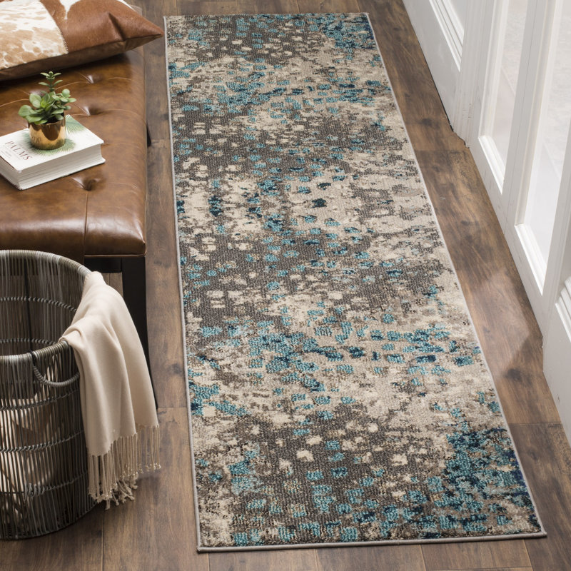 Tapis abstrait Hertzler, Tapis de couloir 2 pi 2 po x 6 pi, Grey/Light Blue