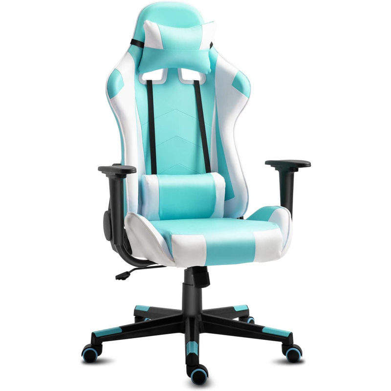 Inbox Zero Adjustable Reclining Ergonomic Swiveling PC & Racing Game Chair, Blue/White