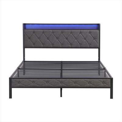 Bed Frame With Storage Headboard, Charging Station And LED Lights, Upholstered Platform Bed With Heavy Metal Slats