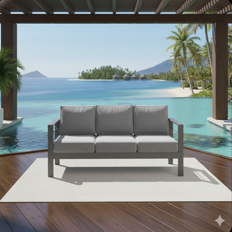 73" All-Weather Aluminum Patio Sofa, 3 Seat Outdoor Couch With  Thick Dark Gray Cushions & Gray Frame, Gray, Dark Gray