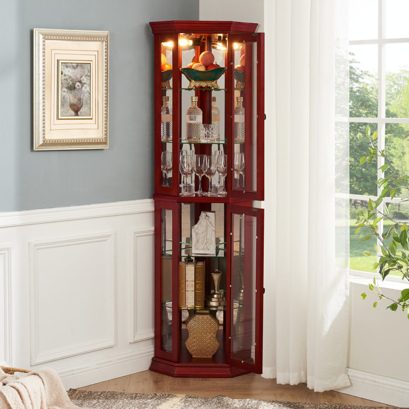 Cherry Cabinet With Glass Doors And Adjustable Shelf Configurations Illuminated Tempered Customizable Storage Options, Cherry