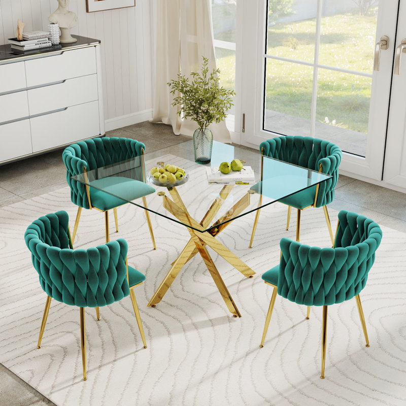 Square Pedestal Dining Set with Woven Dining Chair, Green, 5 Piece: Table, 4 Chairs, Gold