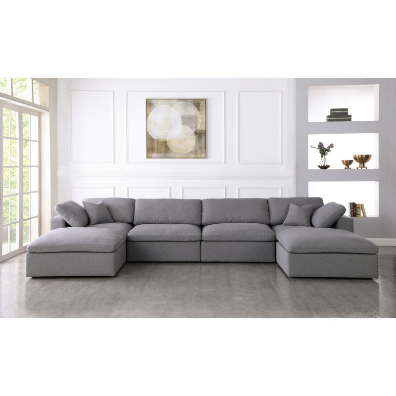 Burrows 158" Wide Linen Down Cushion Modular Sofa & Chaise with Ottoman, Grey Linen Textured Fabric