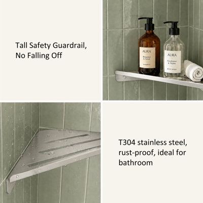 13.2" Stainless Steel Corner Shower Caddy, Drill Screw‑in Wall Mount Triangular Bathroom Corner Shelf for Shower Storage