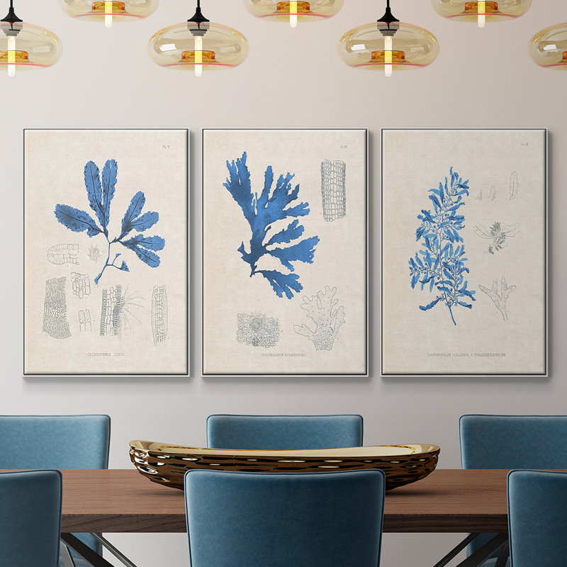 Algues bleu marine VI, H 27 po x l 54 po x P 2 po, Cadre blanc