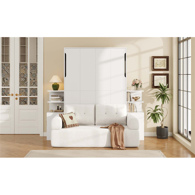 Full Size Wall Murphy Bed With Sofa And Storage Cabinets, Space-Saving Wall Bed For Home Office & Guest Room, White+Gray