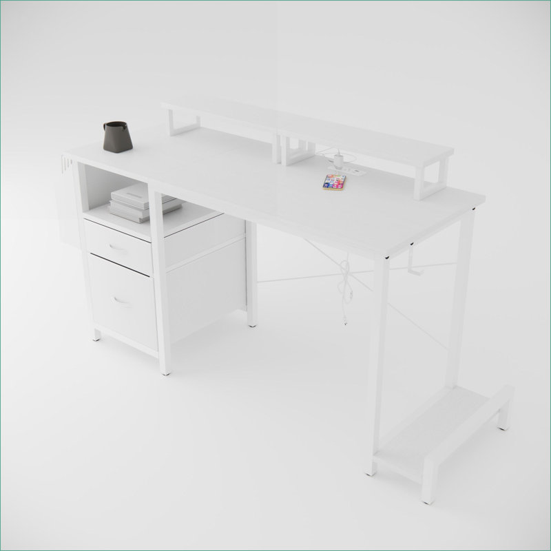 Bureau d'ordinateur 47 po avec prise de courant, 2 supports pour écran, 2 tiroirs, blanc | Bois aggloméré + métal