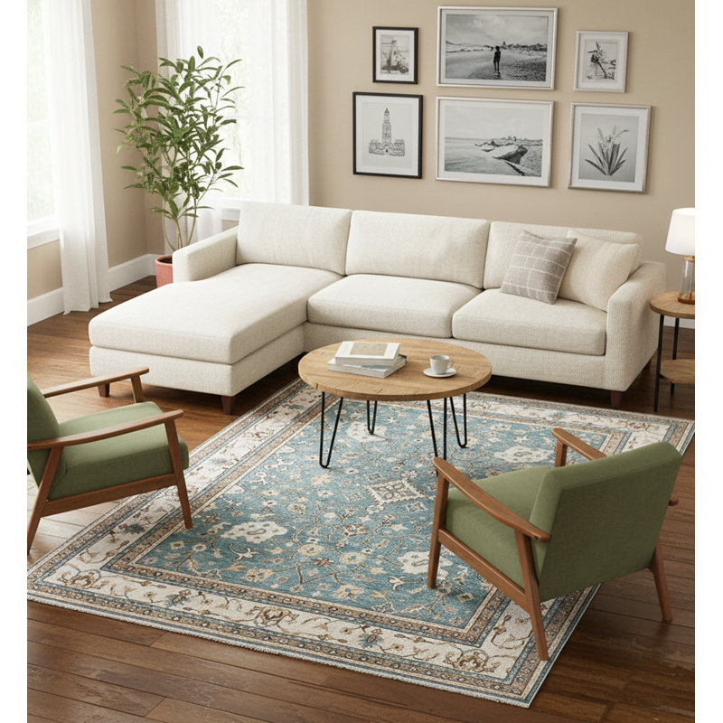 Hand Knotted Oushak Wool Rug- Transitional Blue & Cream Floral Area Rug- Premium Hand-Woven Traditional Rug