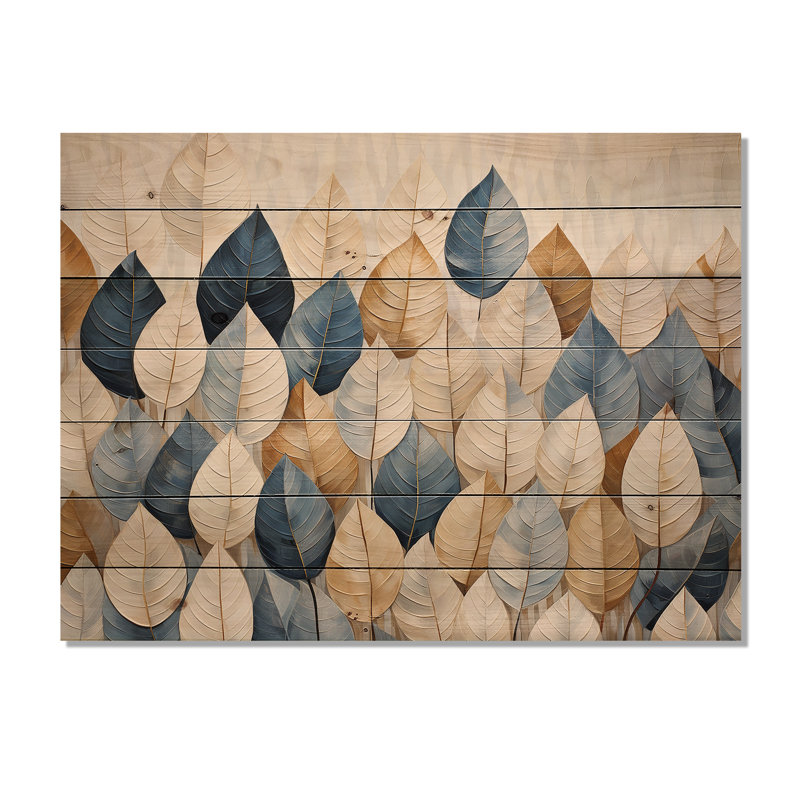 Beige And Blue Minimalism Leaves Collage I - Leaves Wood Wall Art On Natural Pine Wood, 10" H x 20" W