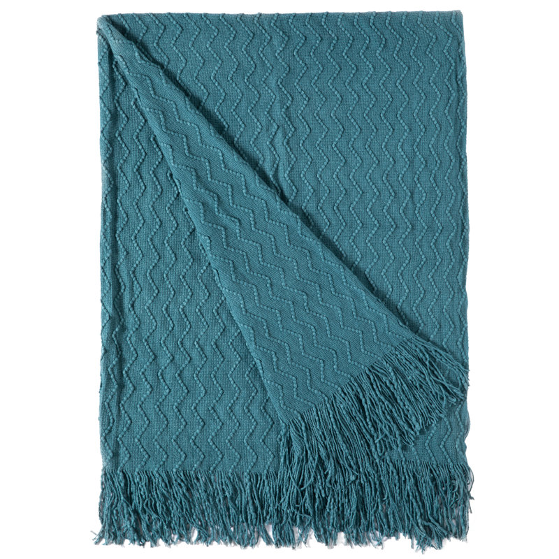 Blue Chevron Pattern Knit Throw Blanket with Fringe