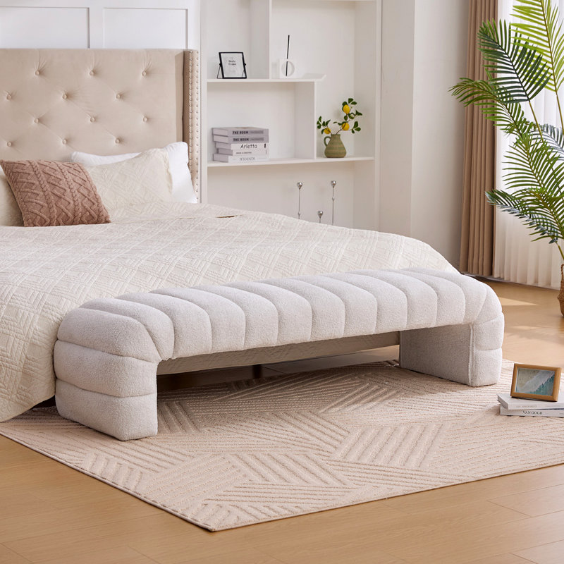 69.6" W Upholstered Bench, Ivory