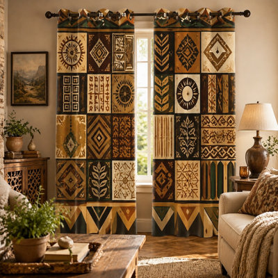 2Pcs Geometric Tribal Pattern Sun Blocking Curtains, Bohemian Style, Vintage Ethnic Printed Art Ring-Top, Living Room Bedroom Decoration for Home Dector