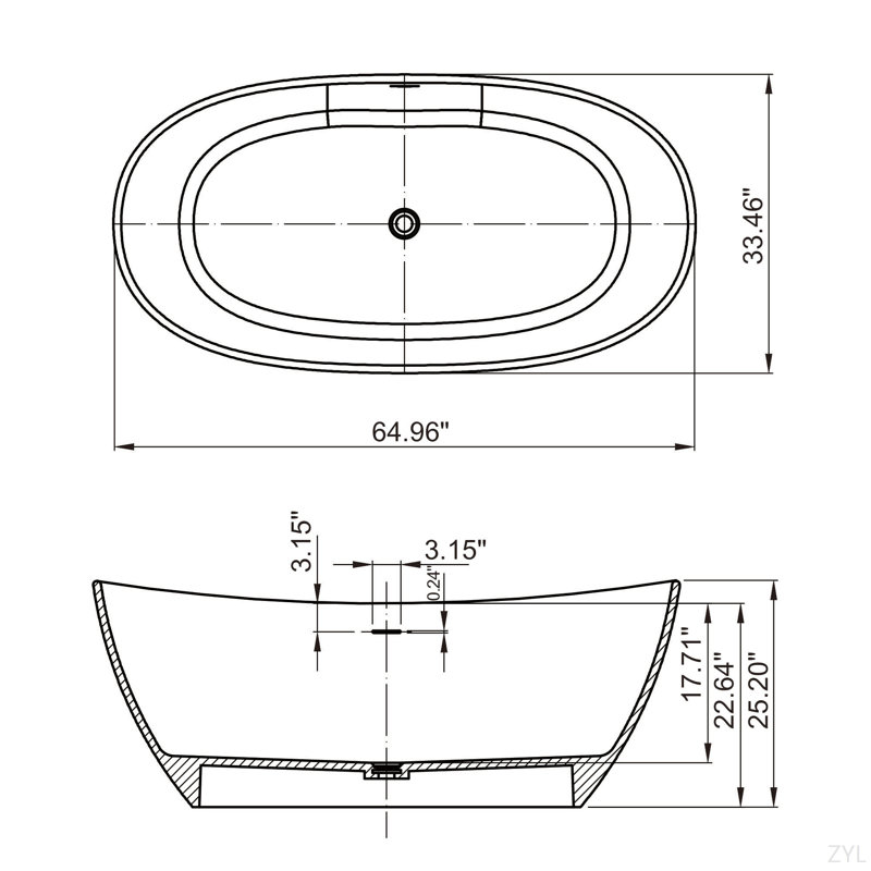 Baignoire de salle de bain autoportante en pierre artificielle 65 pouces