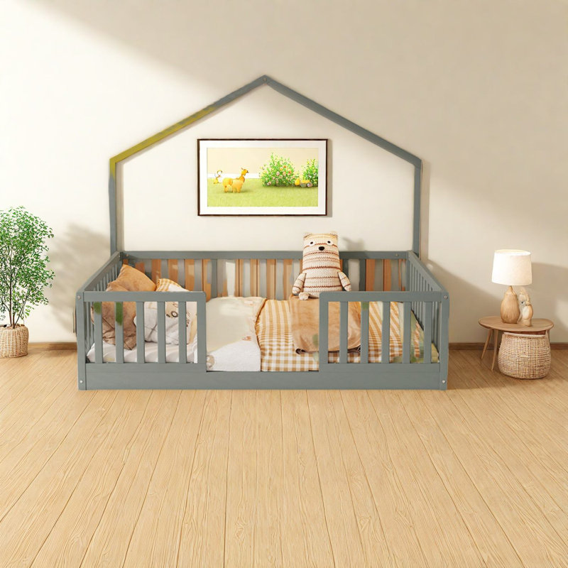Lit Montessori en bois spacieux avec rails à DEL, gris moderne pour les enfants