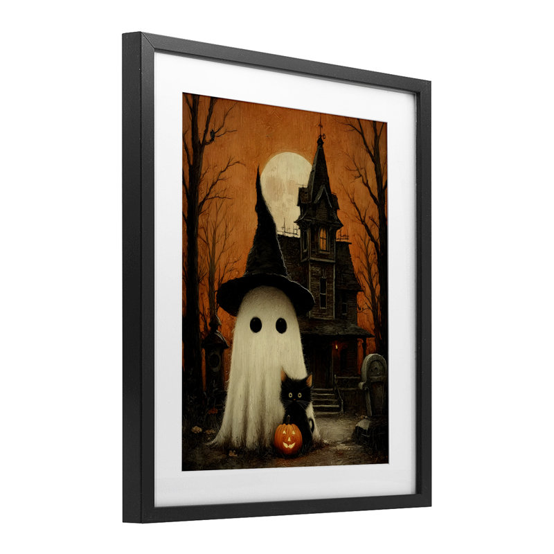 «Cute Ghost & Haunted House», reproduction sous verre encadrée, design par Arlington Prints, Cadre noir minuit