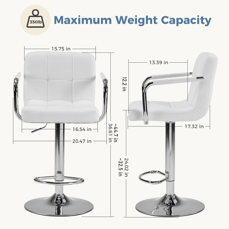 Swivel Bar Stools, PU Leather Counter Height Bar Chairs with Metal Armrests Backrest, Adjustable Height for Dining Room
